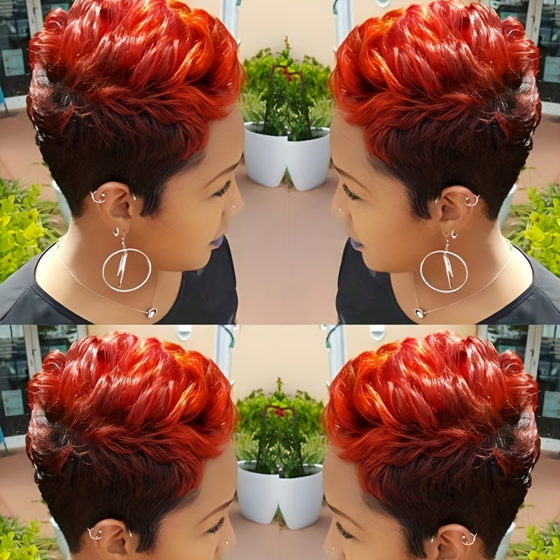 Synthetic Wig 6-Inch Curly-Wave Pixie Cut in Ombre Black-Burgundy with Rose Net Cap for Festivals