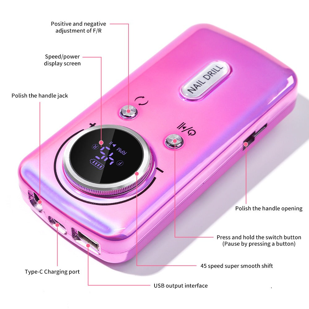 Cordless Nail Drill 45000 RPM Low Noise Rechargeable Electric Nail File Kit Portable Lightweight for Acrylic Gel Nails Manicure Pedicure Salon Home Use White Pink Purple