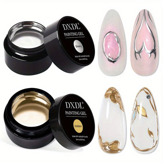Chrome Mirror Nail Art Liner Gel Set 2pcs Gold & Silver – 3D Metallic Mirror Effect Soak-Off Painting Gel, French Tip & Nail Art Drawing Gel 5ml, Salon & Home Manicure Women