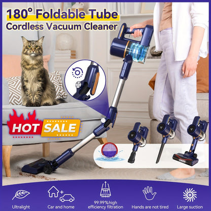 Stick and Handheld Vacuum Cleaner with LED Floor Head, Straight or 180-Degree Foldable Tube Options