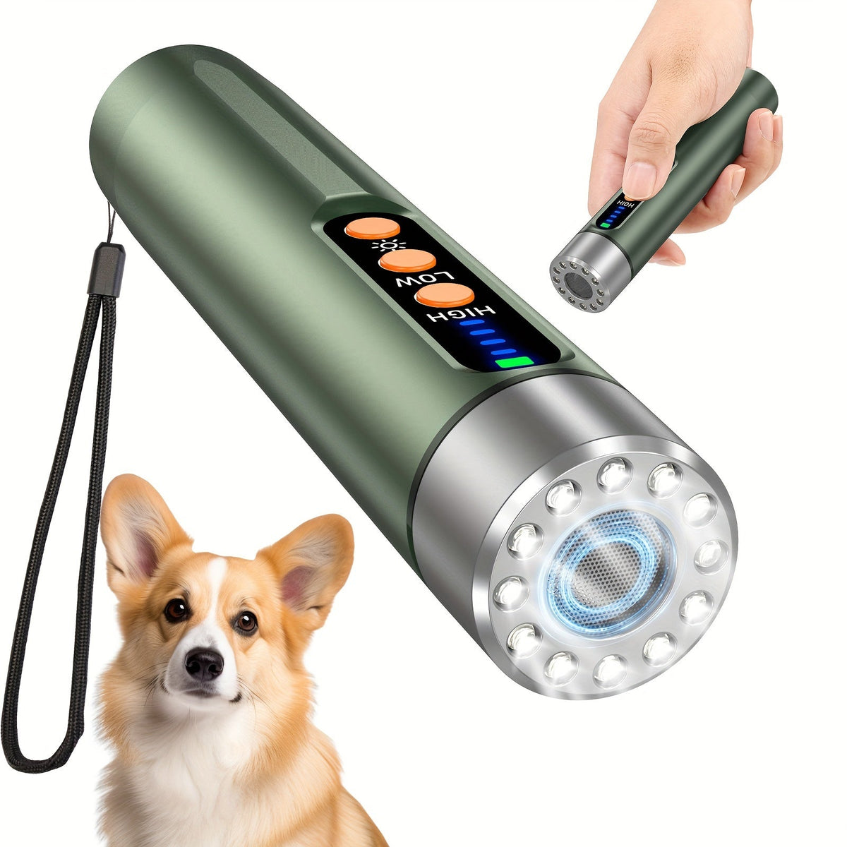 Cylindrical Rechargeable Ultrasonic Dog Training Aid with Flashlight and Green or Silver Finish
