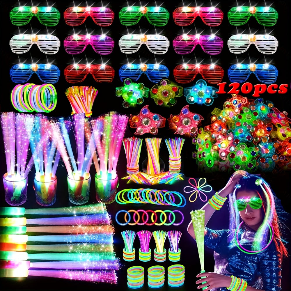 Neon Glow Accessory Party Supplies Set with 120 Pieces including Glasses, Rings, Sticks and Hair Clips