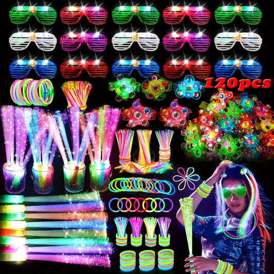 Neon Glow Accessory Party Supplies Set with 120 Pieces including Glasses, Rings, Sticks and Hair Clips