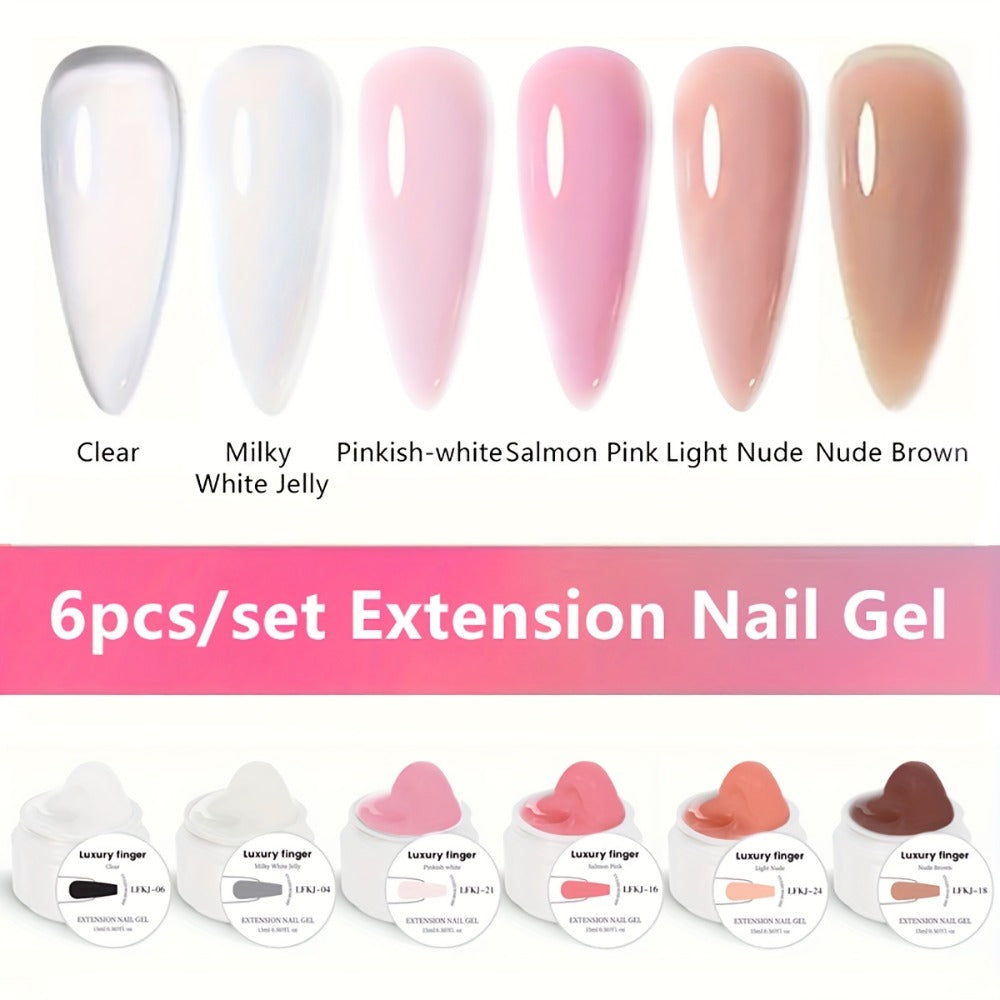 Six-Color Builder Gel Set, 15ml Each in Clear, White, Milky Jelly, Light Pink, Pink and Nude for Nail Extensions