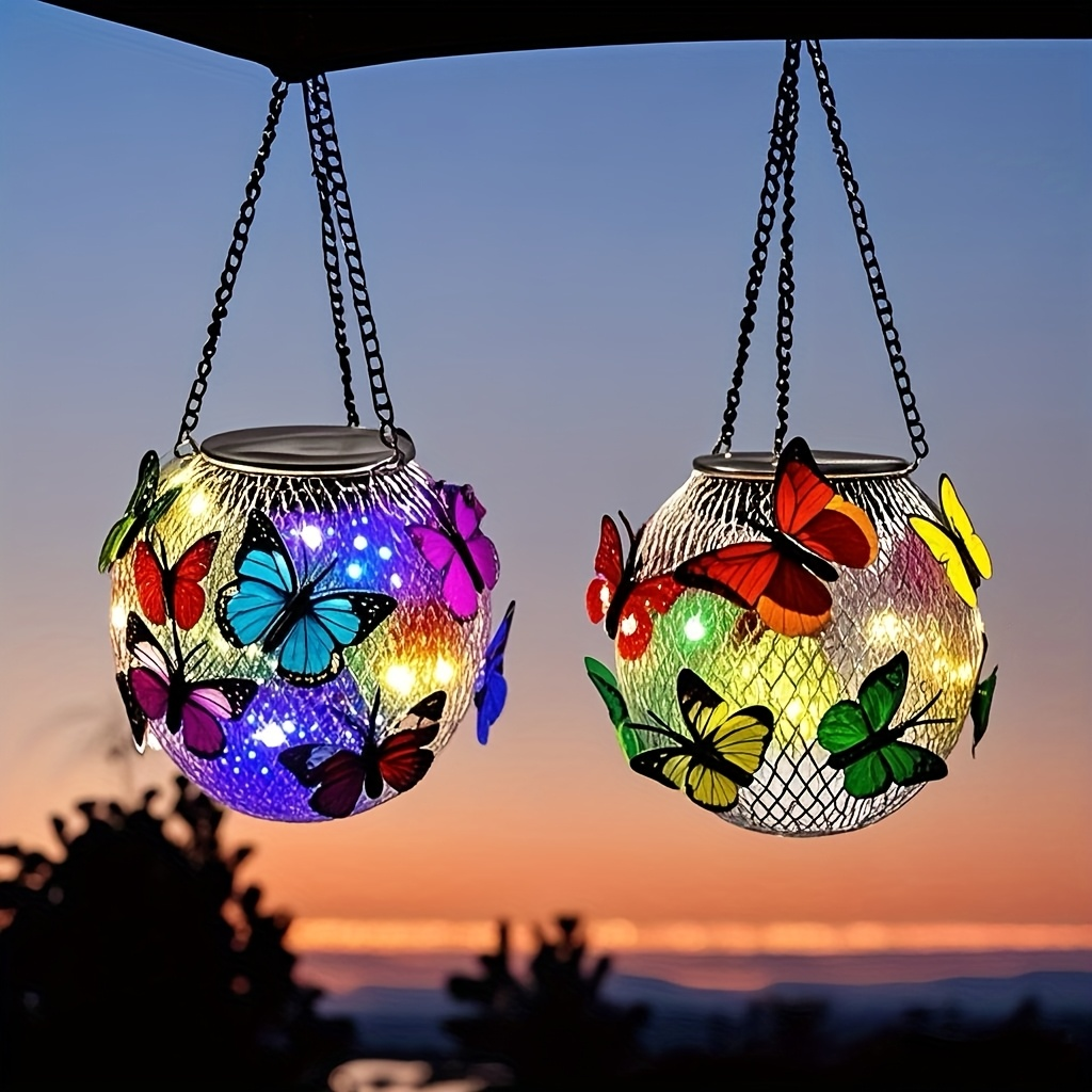 Solar Outdoor Lights 2-Pack Metal Butterfly Hanging Lanterns in Warm White or Multicolor for Porch Decor