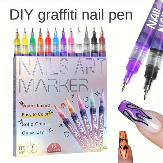 Nail Art Pens 12 Colors Quick Dry 3D Graffiti & Detail Brush Set – Ultra-Fine Precision Drawing Pen Kit for DIY Nail Design, Salon & Home Use, Vibrant Long Lasting Ink