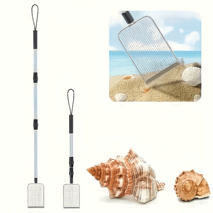 Three-Section Telescopic Beach Sand Sifter with Rectangular Mesh Basket, Wrist Strap and Retractable Handle