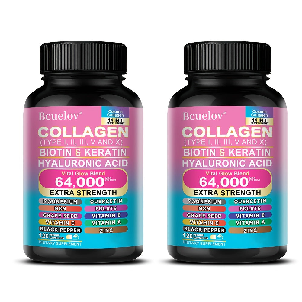 Collagen Capsules Types I II III V X with Biotin Keratin Hyaluronic Acid — Supports Skin Elasticity Hair Growth & Nail Strength | Anti-Aging Beauty Supplement | 120 Capsules
