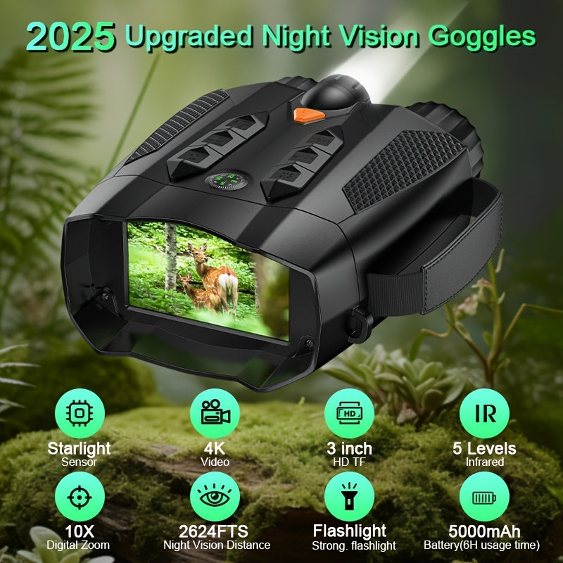 Night Vision Goggles with Built-In 3W IR Illuminator | 200MP HD, 10X Digital Zoom, 5W IR Light, 6-Hour Battery | Hands-Free Wearable for Hunting, Survival, Wildlife & Nighttime Outdoor Adventures