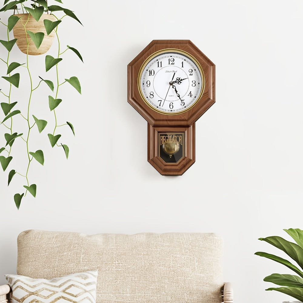 Two-Piece Octagonal Pendulum Wall Clock Set with 30 x 45 cm Frame and Brown or Mahogany-Colored Finish