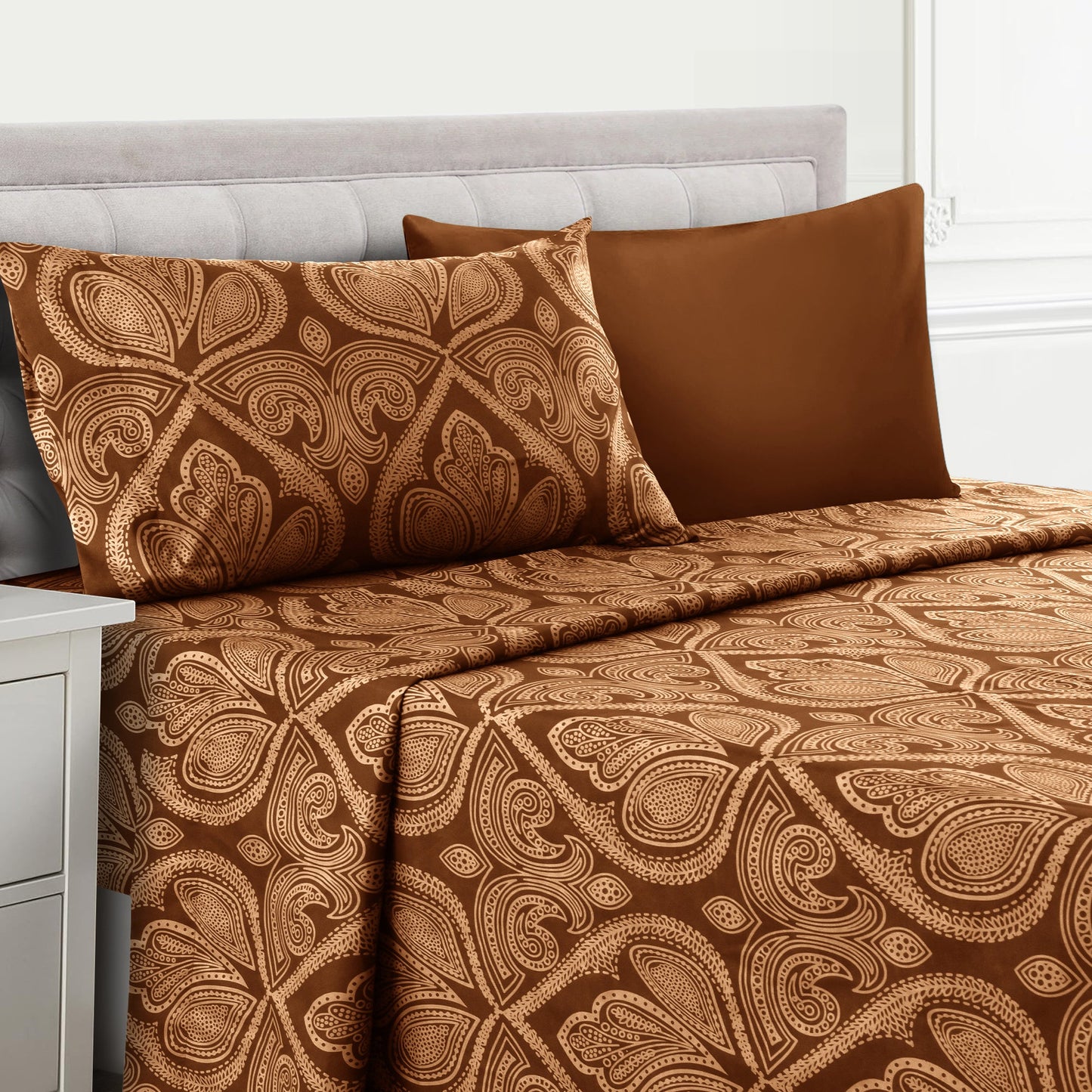 Bed Sheet Set Paisley Brushed Polyester in 4- or 6-Piece Sizing with 16-Inch Pocket and Wash Instructions