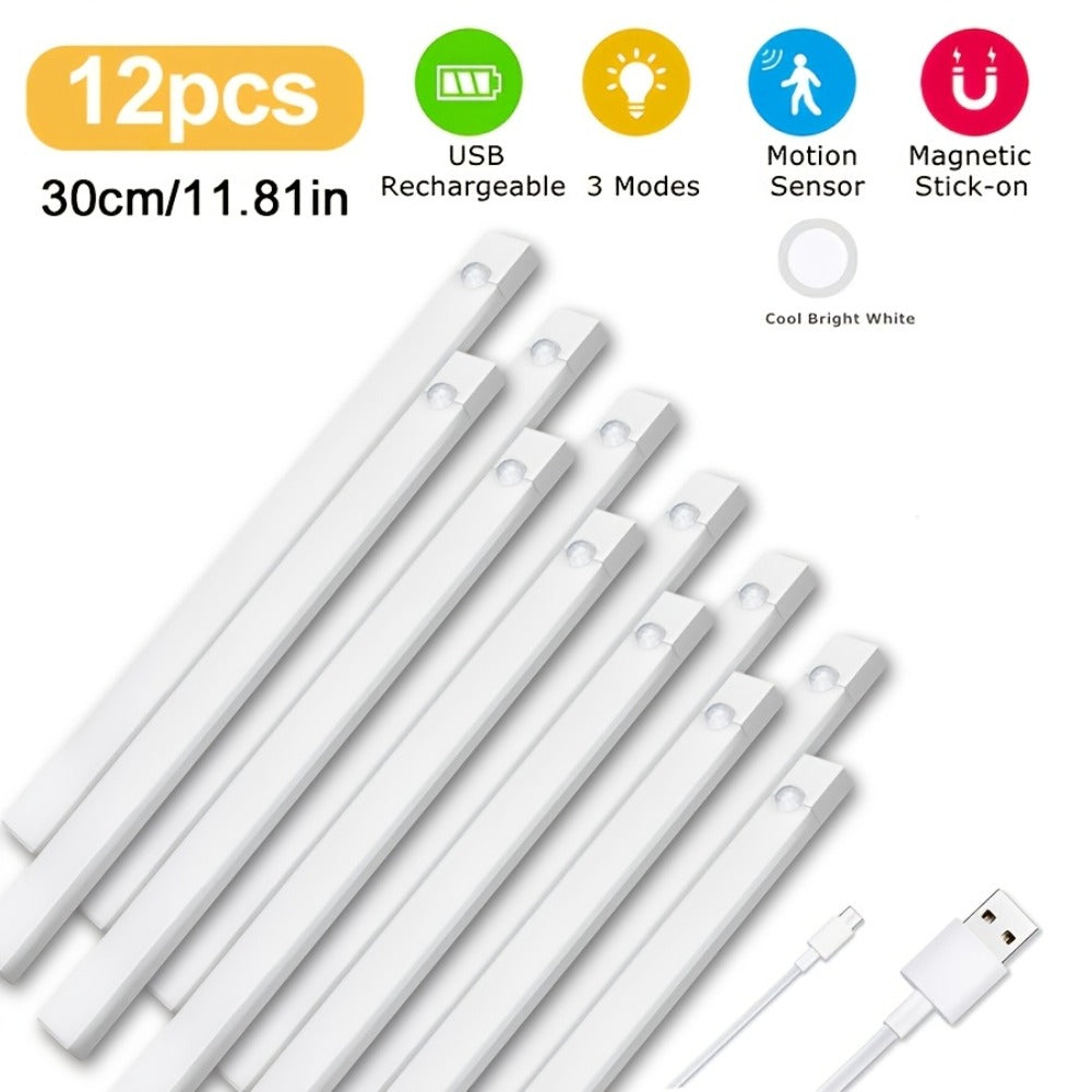 Under Cabinet Lights Motion Sensor 12 Pack USB Rechargeable Wireless Magnetic LED Night Light - 3 Modes Dimmable for Kitchen Wardrobe Closet Stairs Bedroom Bathroom Indoor - 10cm 20cm 30cm
