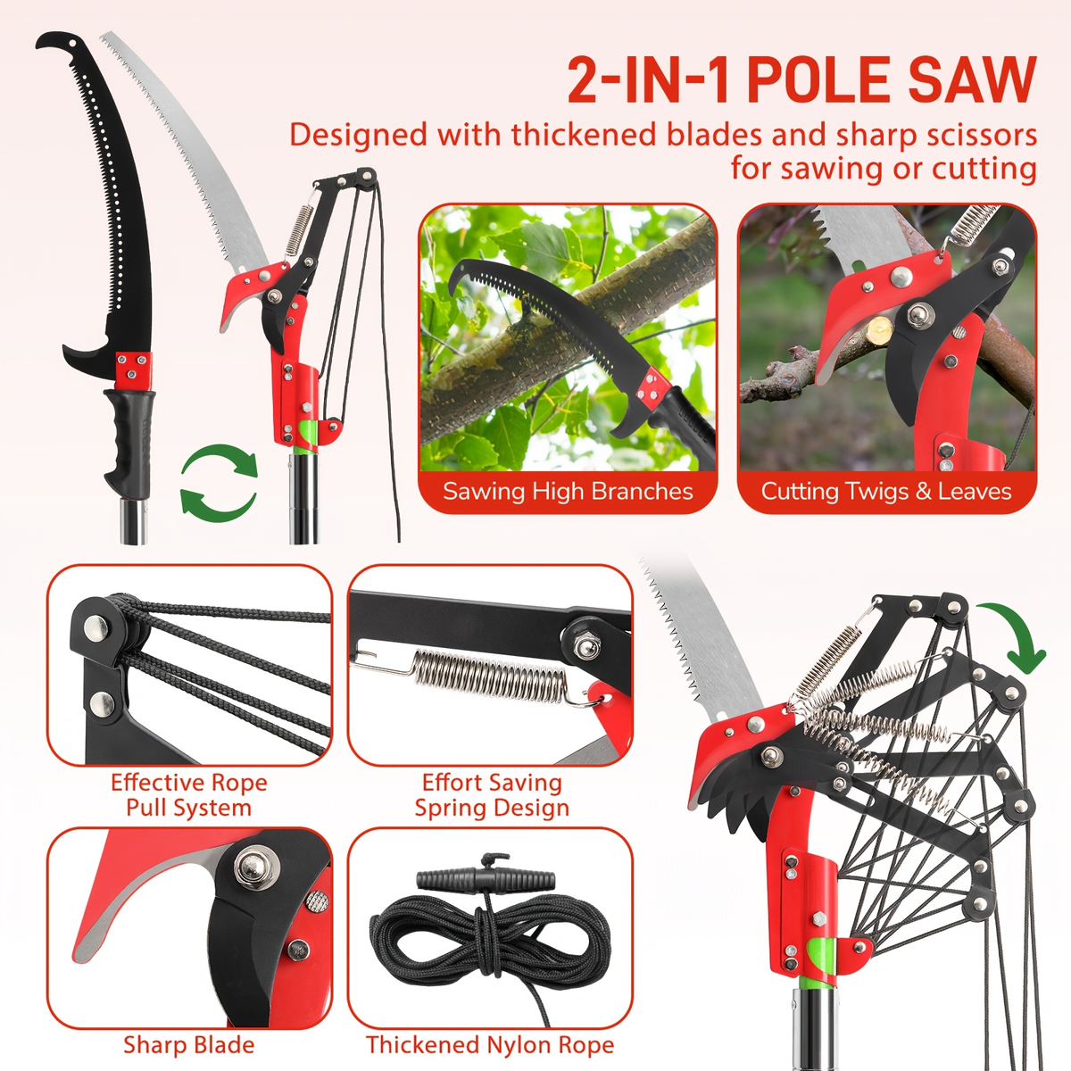 26FT Manual Pole Saw with Pruner & Bag for Garden, Patio and Yard Use, with the Listed Configuration