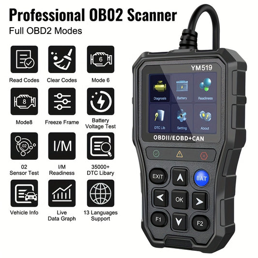 OBD2 Scanner Code Reader - YM519 Car Diagnostic Tool, Engine Fault Code Check, Battery Voltage Tester, Live Data Stream, I/M Readiness, 13 Languages, All OBDII Protocols