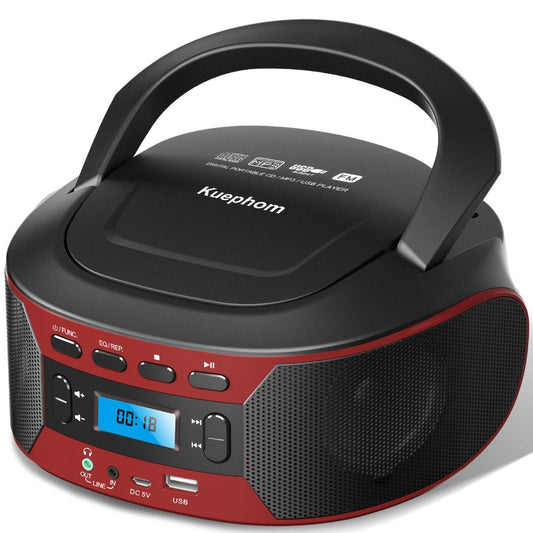 Bluetooth CD Player Boombox with FM Radio – Portable CD Boombox with AUX USB Playback, Earphone Jack, Stereo Speakers, Battery or AC Powered, CD Player for Home and Outdoor Use