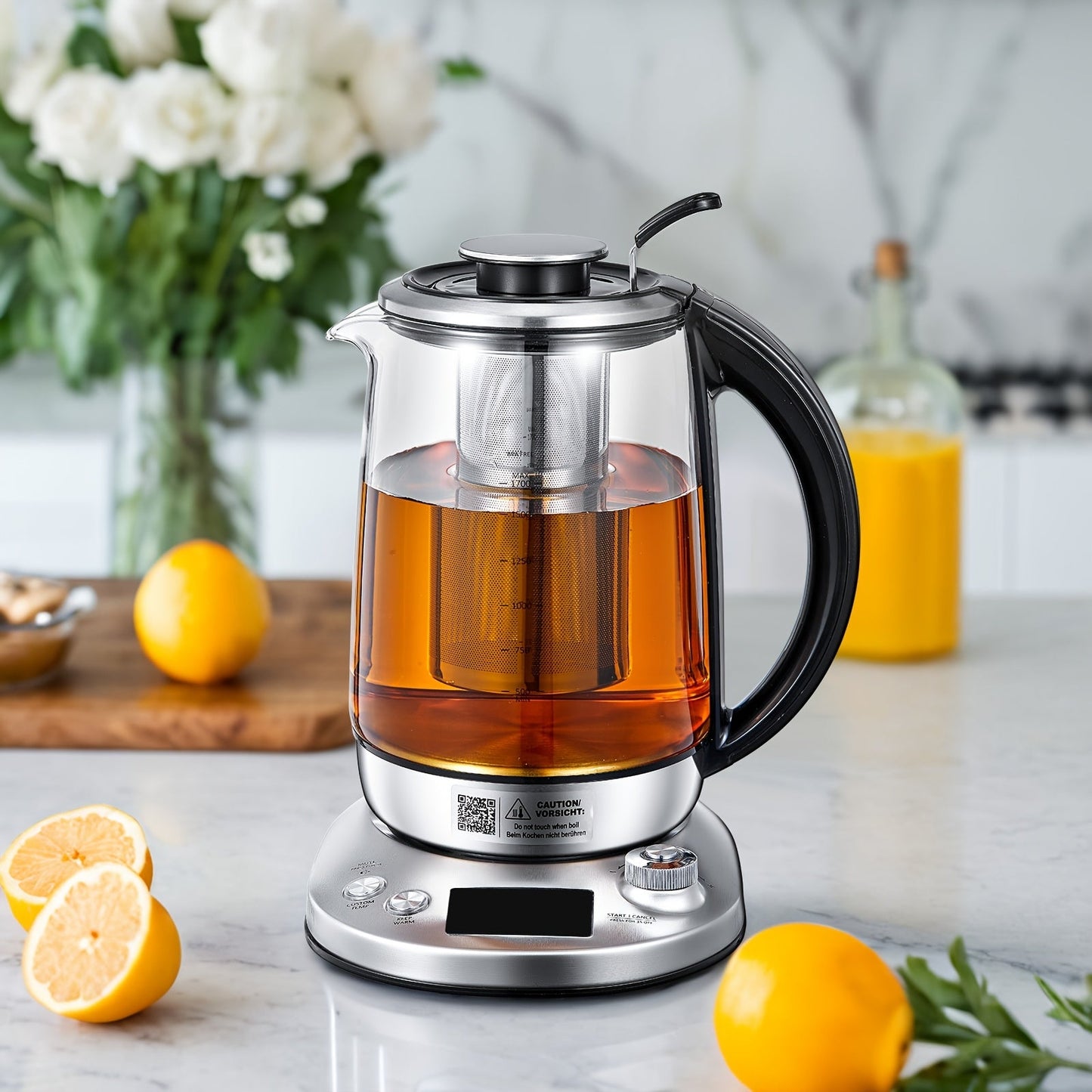 1.7L Glass Tea Kettle with 1200W Heating, Nine Temperature Presets, Removable Infuser and 2-Hour Keep Warm
