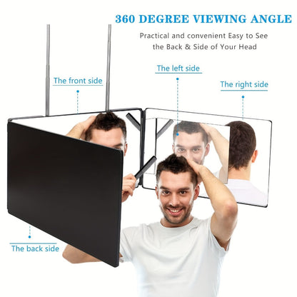 3 Way Mirror for Self Hair Cutting, 360° View Hair Cut Mirror to See Back of Head Height-Adjustable Hook Door Wall Table Mount Anti-Fog HD Glass Optional LED Light for Men Women DIY Home Barber