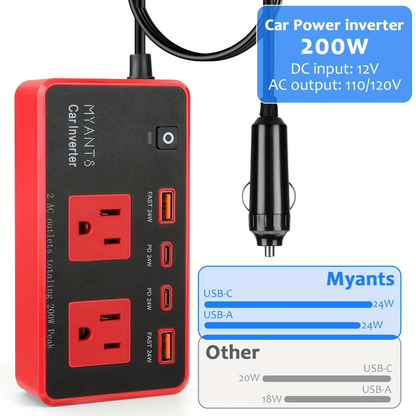 Red 200W Car Power Inverter with Two AC Outlets, USB-A and USB-C Ports, Switch and 12V Plug