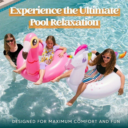 Pool Float Flamingo and Unicorn Ring Two-Pack, Approximately 40 Inches Wide with Pink and White Designs