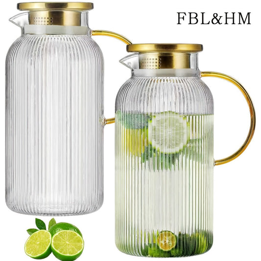 Glass Pitcher with Stainless Steel Lid 68oz 2 Liter Borosilicate Water Pitcher Carafe for Cold Brew, Lemonade, Iced Tea & Milk – Heat Resistant, 2 or 4 Pack