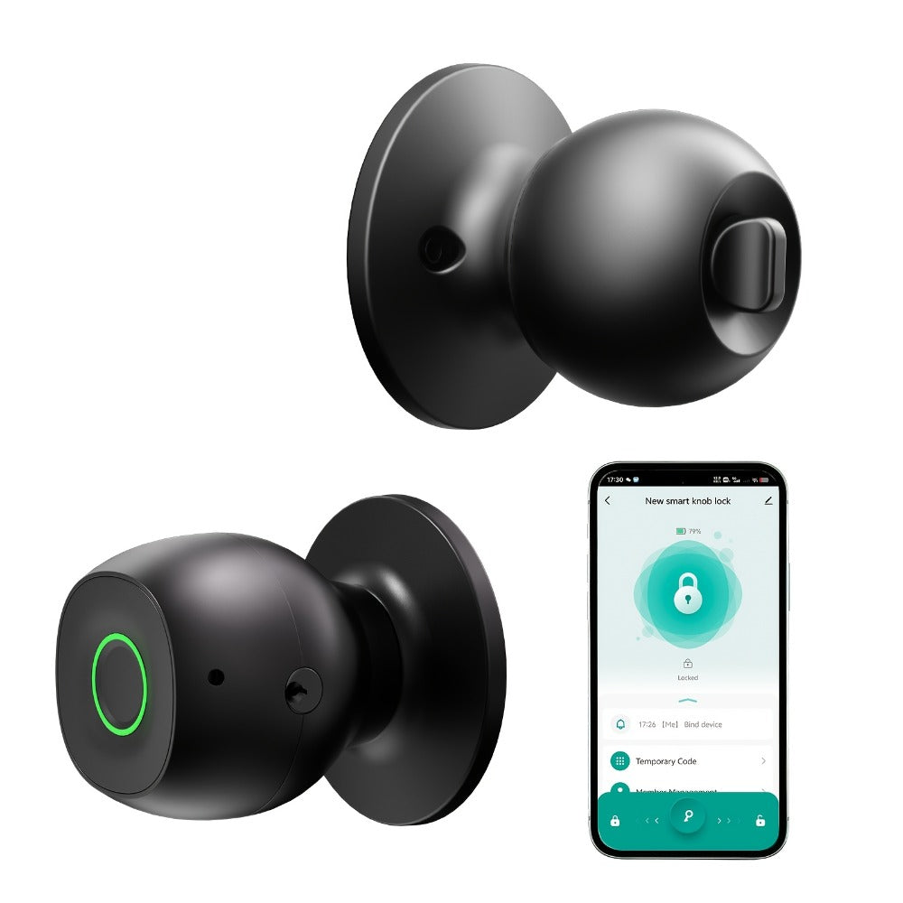 Wireless Smart Door Knob Lock with Fingerprint & App Control - 3-in-1 Biometric Keyless Entry, Auto-Lock, Remote Access Management for Bedroom, Home, Hotel & Office, Easy DIY Install, Black