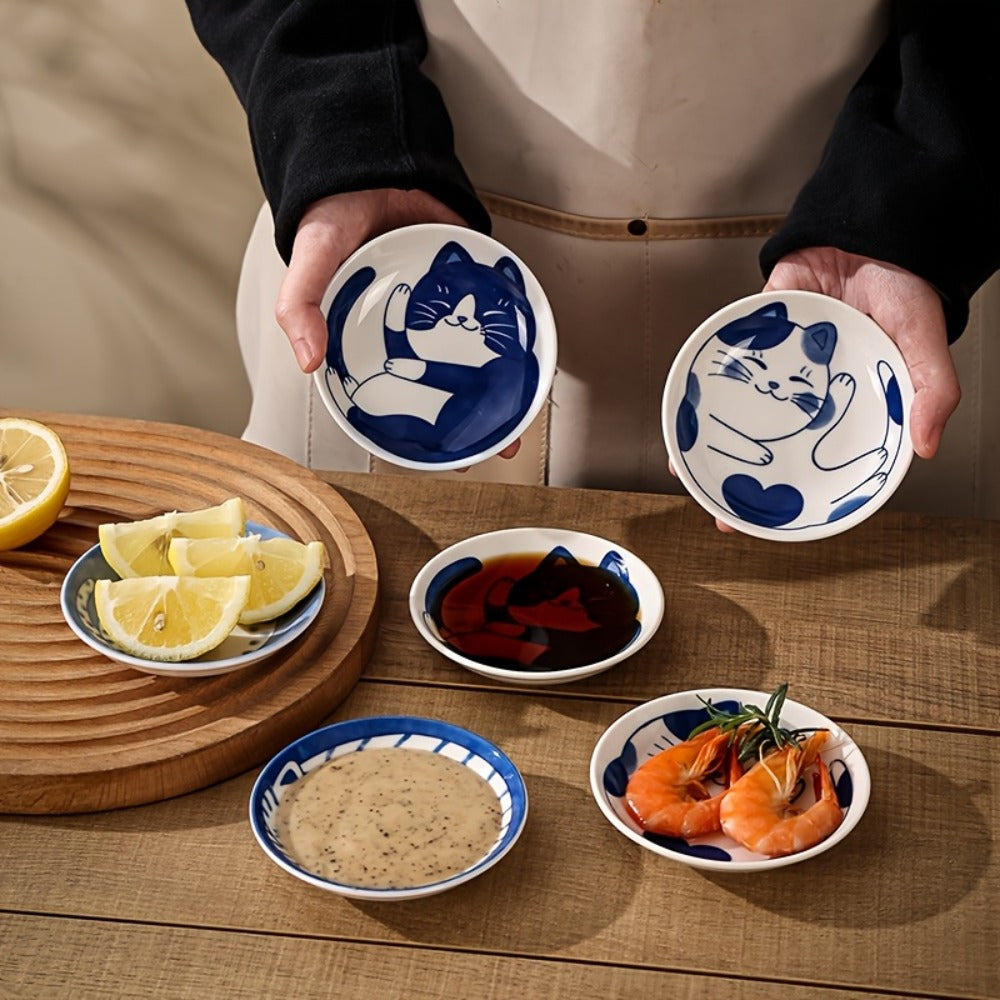 Ceramic Dipping Bowls Set of 8 Cat Shaped Mini Soy Sauce Dishes 4 Inch Small Condiment Bowls for Home Cooking, Dining and Outdoor Meals