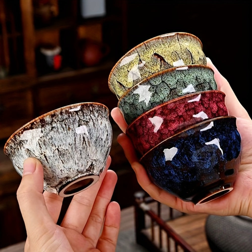 Five-Piece Jianzhan-Style Ceramic Tea Cup Set in Five Colors with 4.06-Ounce Bowls and Gift Box