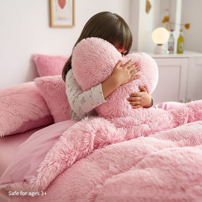 Plush Faux Fur Duvet Cover Set with Heart Pillow, Corner Ties and Twin, Queen or King Sizes in Eight Colors
