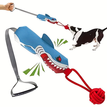 Dog Toy Rope Tug with Knotted Squeaky Ball in Camouflage, Corn, Eagle or Shark Designs for Larger Dogs