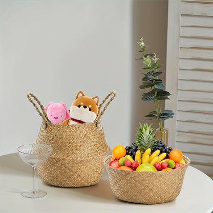 Rattan Bamboo Storage Baskets 2-Pack with Handles, Foldable 12.6 x 11.02-Inch Handheld Organizers