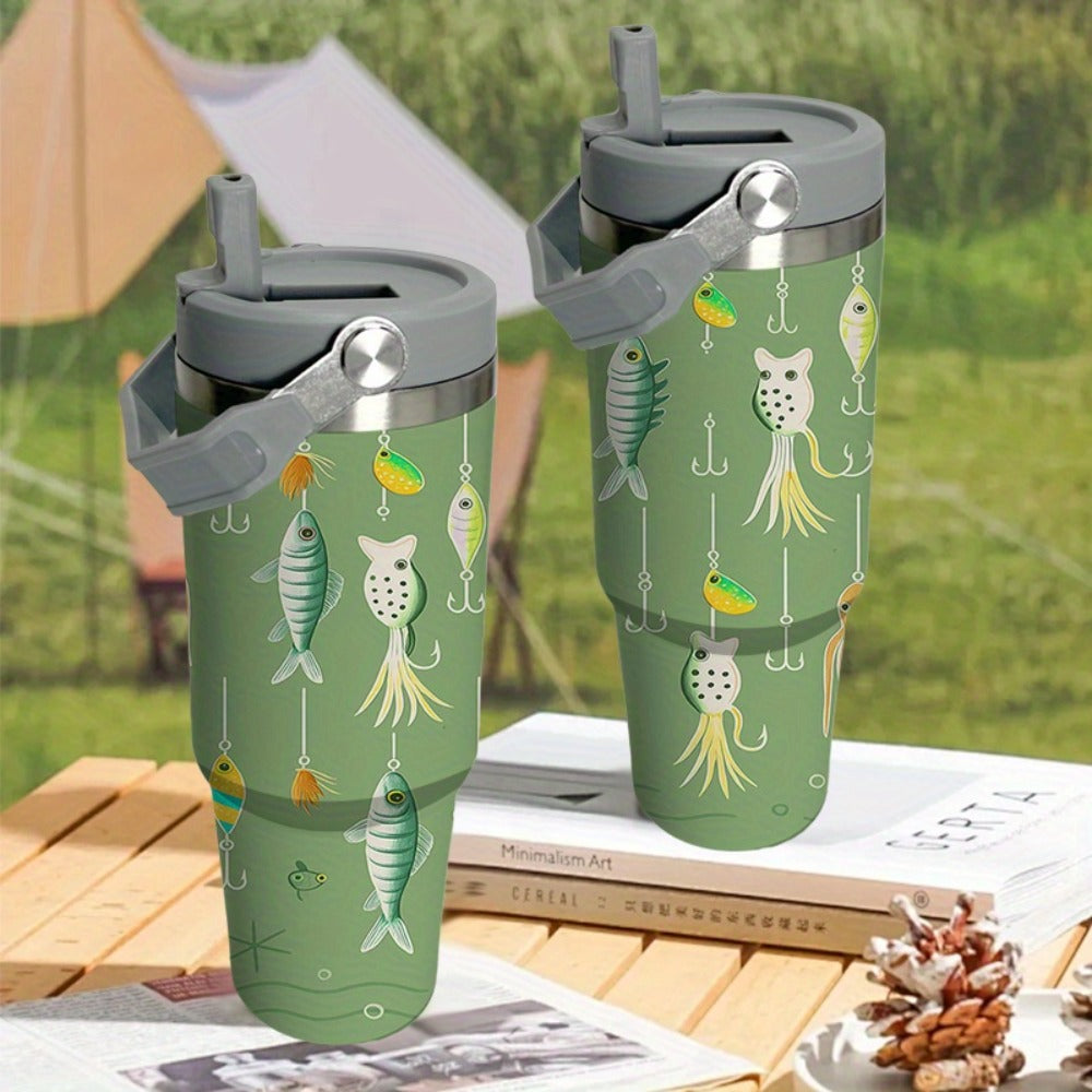 30oz Green Fish-Print Travel Mug with Carry Handle, Straw Lid and Tapered Cup-Holder Base Design