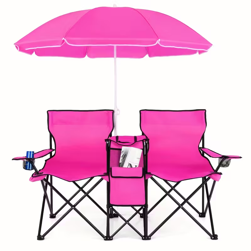 Folding Picnic Chair Set for 2 | Umbrella, Cooler Bag & Table, 600 Lbs Capacity, Portable