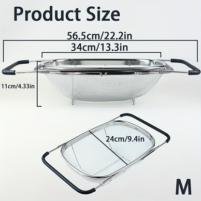 Expandable Sink Colander Stainless Steel, Over the Sink Strainer Basket with Fine Mesh & Rubber Grip