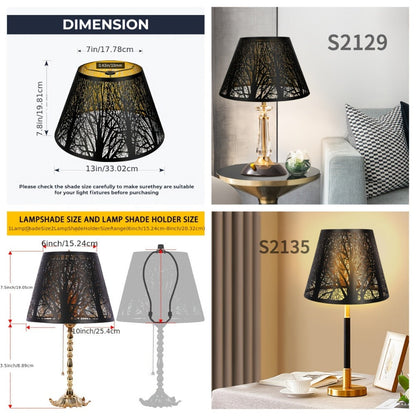 Metal Lampshade Etched Forest & Leaf Design | Black Exterior Gold Interior | Barrel Lamp Shade for Table Lamp & Floor Lamp | Medium Large Decorative Lampshade 7x13x7.8 inch