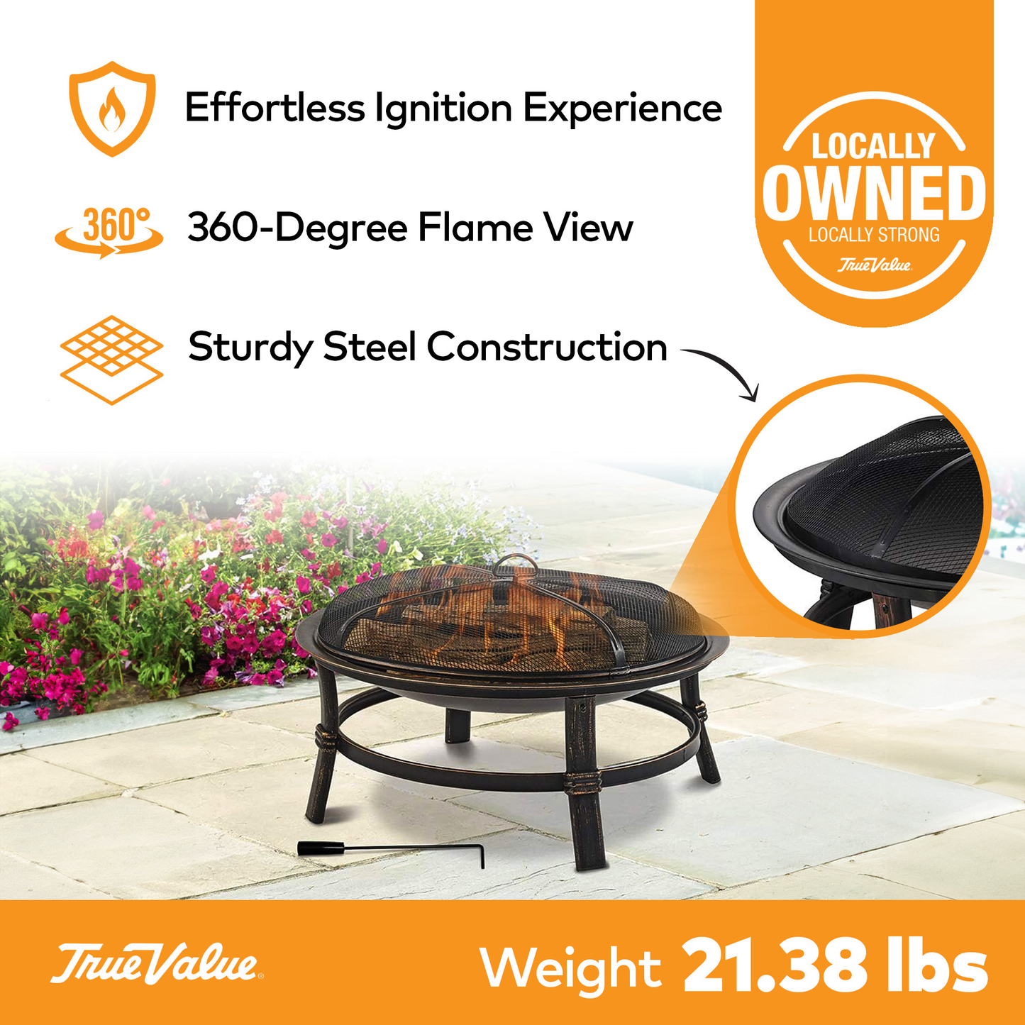 29.3-Inch Round Fire Pit Bowl with Domed Mesh Cover, Four-Leg Stand and Long Poker in Black
