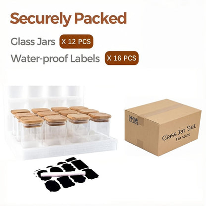 Twelve-Piece Square Glass Spice Jar Set with Bamboo-Style Lids, Labels and 7-Ounce Capacity