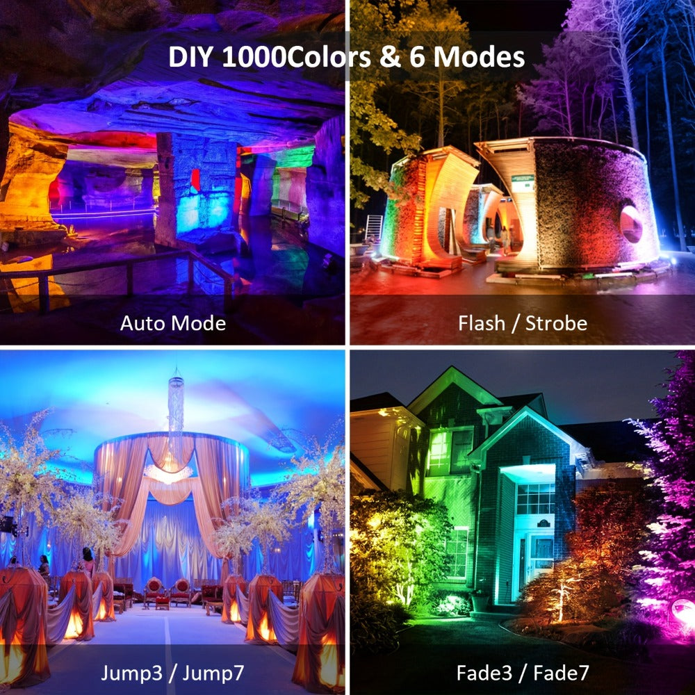 RGB LED Flood Light 25W Outdoor Color Changing - 1000 DIY Colors, 44-Key Remote, Strobe & Fade Modes, Memory Function, Multi-Pack for Party, Stage, Garden, Halloween & Christmas Uplighting