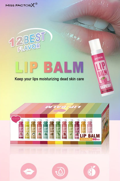 60-Piece Tube Lip Balm Set with 12 Pictured Flavor Labels in a Multicolor Display Box Assortment