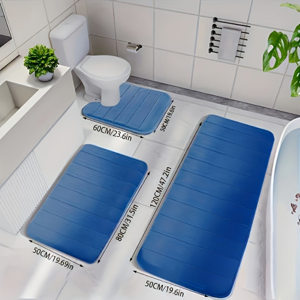 Channel-Stitched Three-Piece Padded Bath Mat Set with Long Runner and Two Matching Rugs in Nine Solid Colors