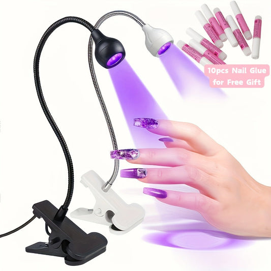 LED Nail Lamp Clip-On Hands-Free with Flexible Metal Tube & Multi-Color Lighting – UV Gel Nail Dryer for Manicure Pedicure Home DIY Nail Art Includes 10pc Nail Glue Gift for Women