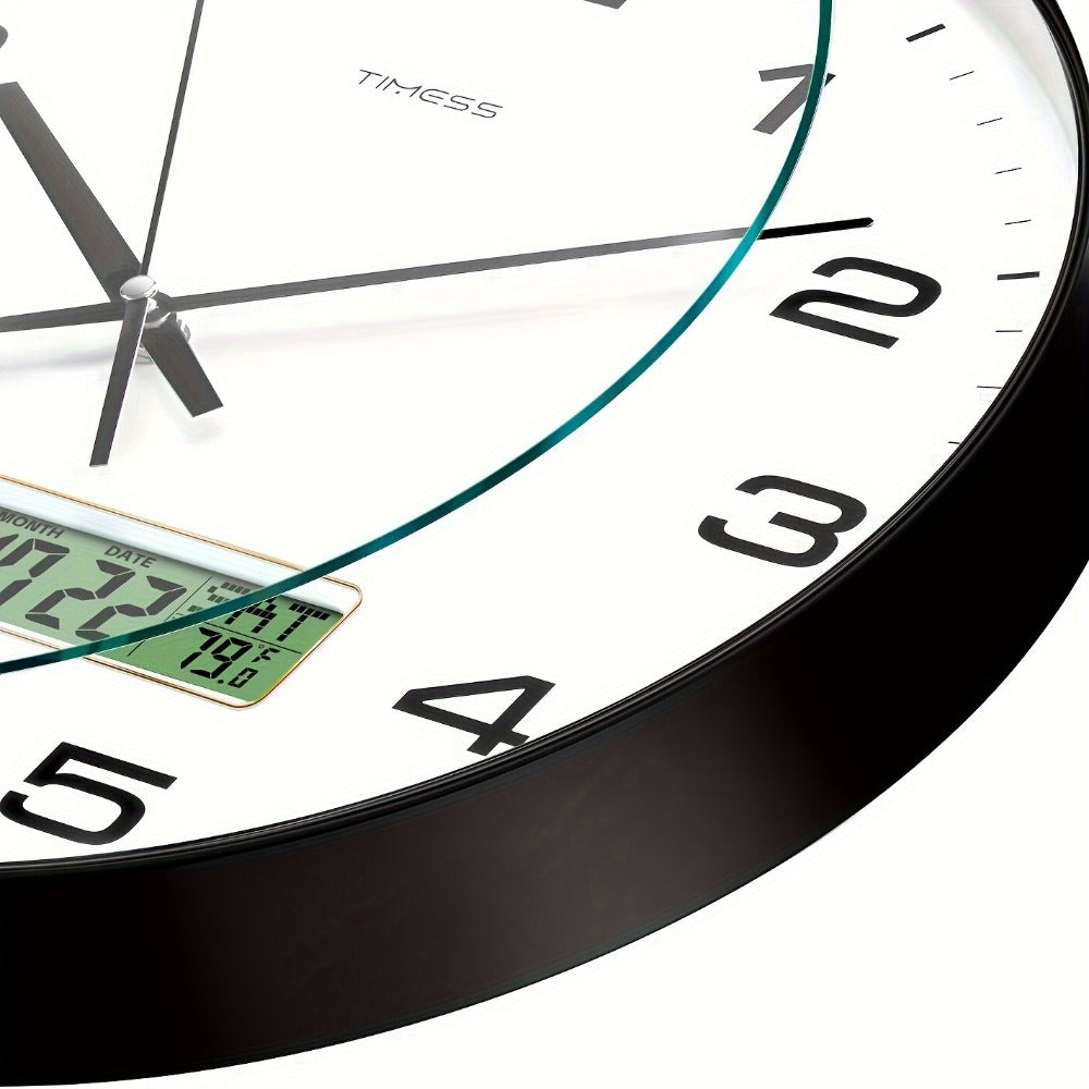 Round Analog Wall Clock with LCD Calendar and Temperature Window, Four Colors and 10- or 12-Inch Sizes