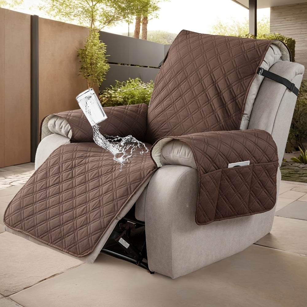 Quilted One-Piece Recliner Chair Cover with Side Pockets, Back Buckle Strap and 11 Color Options