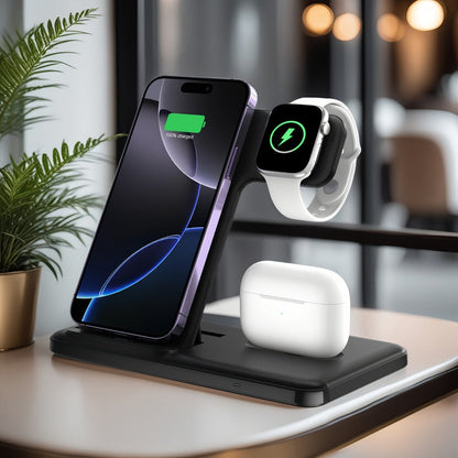 Wireless Charging Station, USB-C 3-in-1 Upright Dock for iPhone, Apple Watch and AirPods Models