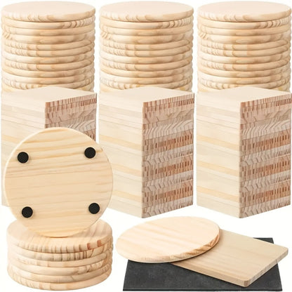 Unfinished Wood Coasters for Crafts 4 Inch Square and Round Wooden Coasters with Pad for DIY for Home Cooking, Dining and Outdoor Meals