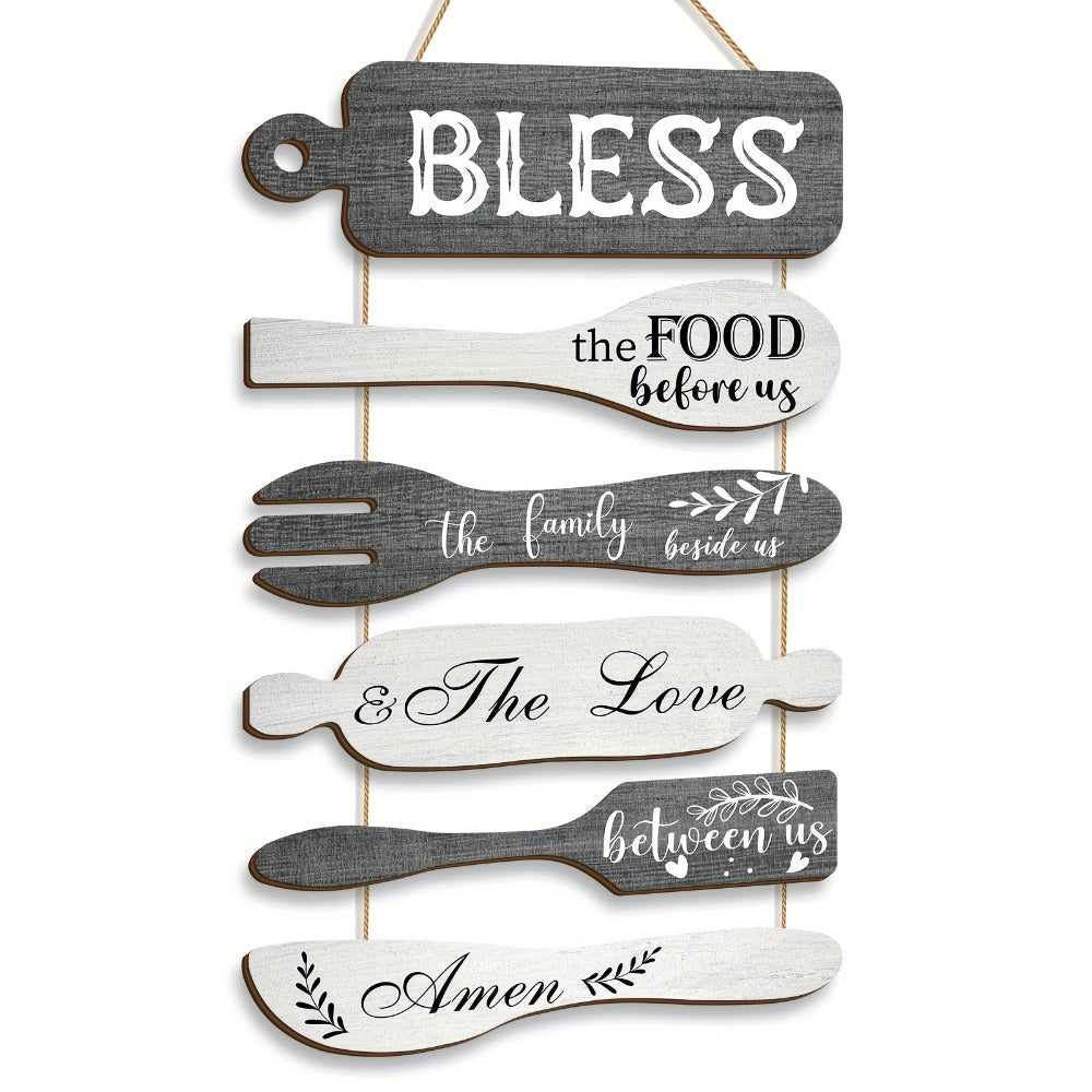 Farmhouse Wall Decor Wood Sign Set - "Bless The Food Before Us" Rustic Kitchen Dining Room Hanging Plaque