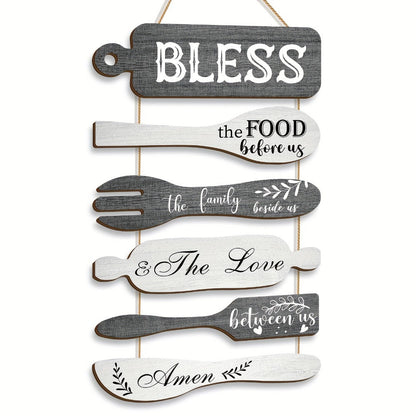 Farmhouse Wall Decor Wood Sign Set - "Bless The Food Before Us" Rustic Kitchen Dining Room Hanging Plaque