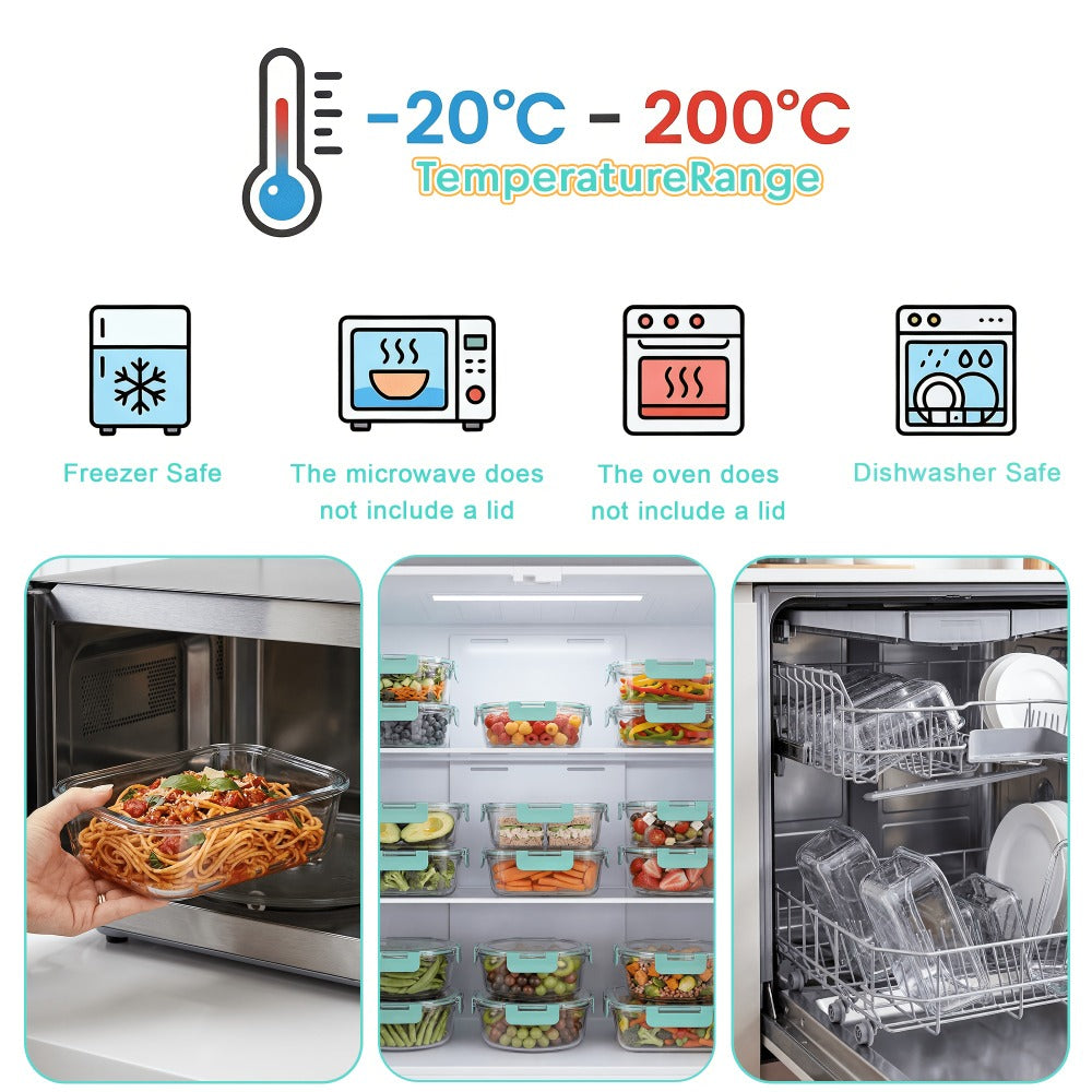 Food Storage Containers Borosilicate Glass Set with Locking Lids in 10-, 12- or 17-Piece Color Options