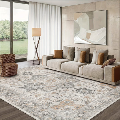 Area Rug Vintage Chenille Print in Light Taupe Brown with Eight Runner and Room Size Options
