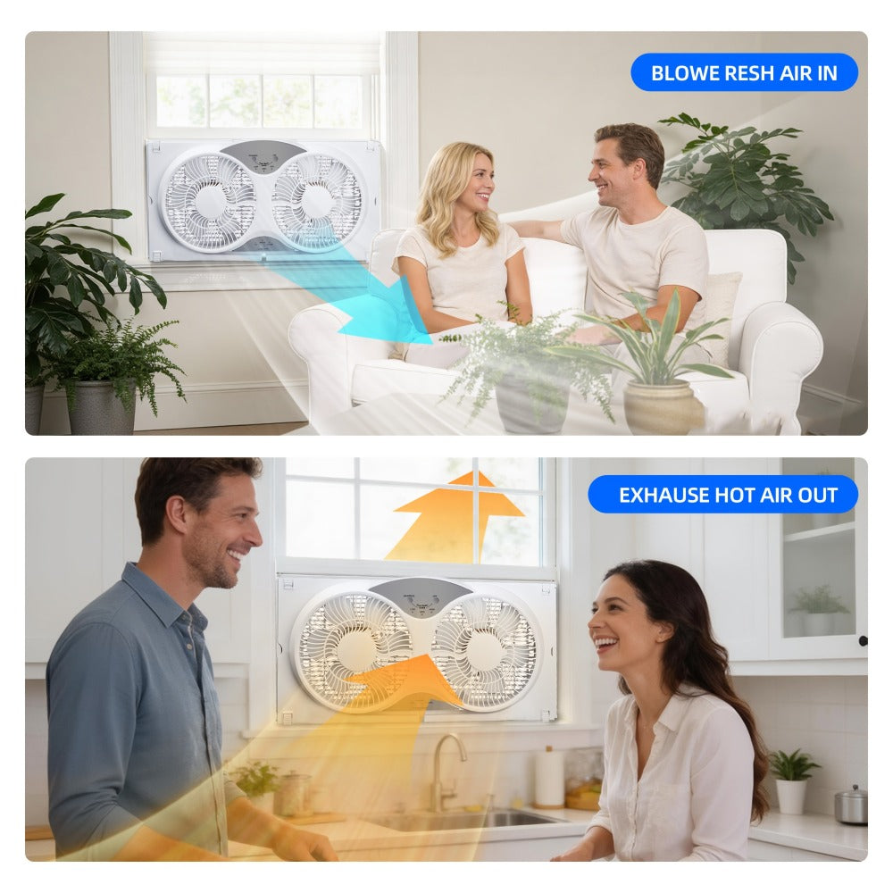 Window Fan 9 Inch Twin Expandable Dual Fan, 3-Speed with Remote Control or Manual Control for Home Cooking, Dining and Outdoor Meals