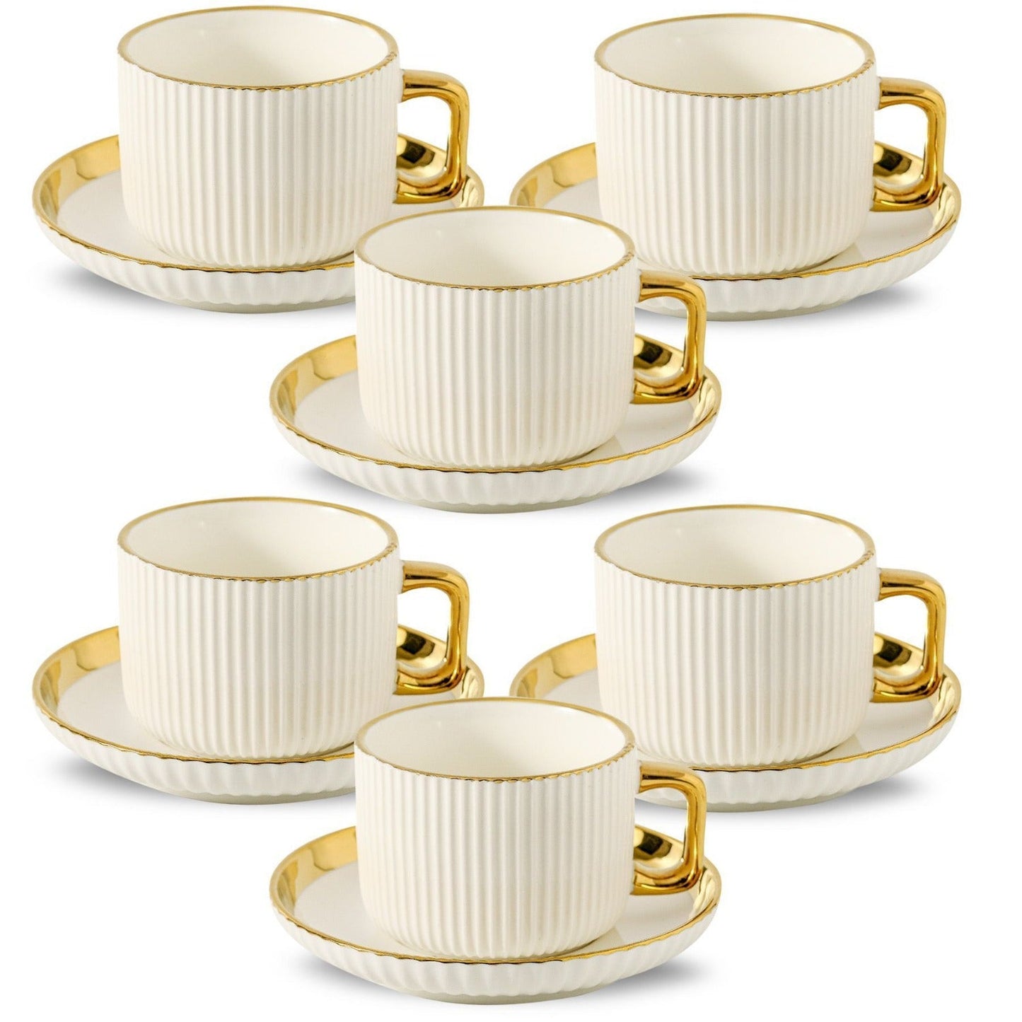 Ceramic Cappuccino Cups with Saucers Set of 6 – 8oz Coffee Mugs with Golden Trim, Latte Art Cups for Espresso Mocha, British Italian Style Café Cups and Saucer Sets for Home Kitchen